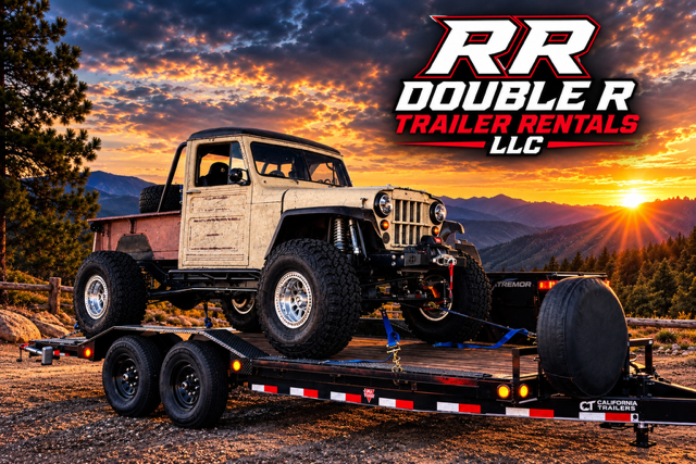 Double R Trailer Rentals truck loaded on a car hauler trailer at sunset